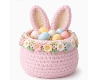 Crochet Bunny Flower Basket Pattern, Beginner Easter Decor (PDF Download)
