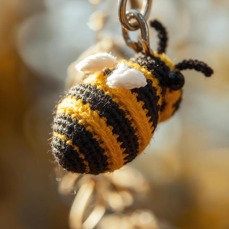 May include: A handmade crochet bee keychain. The bee features alternating black and yellow stripes, white wings, and black antennae. The bee is attached to a silver-colored metal chain. The background is blurred, with warm, natural tones.