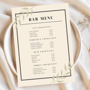 Elegante menú de cócteles, ideal para bodas, fiestas y eventos. Descarga digital, plantilla editable.
