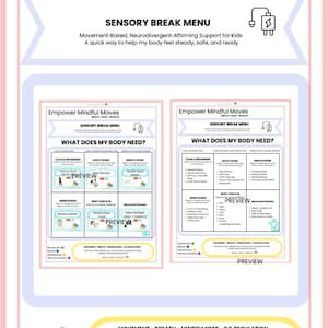 Menü für sensorische Pausen | Poster „Ruheecke“ für Menschen mit Behinderungen | Bewegungsbasiertes Regulationsinstrument | Visuelle Hilfsmittel für soziale und emotionale Kompetenzen im Klassenzimmer