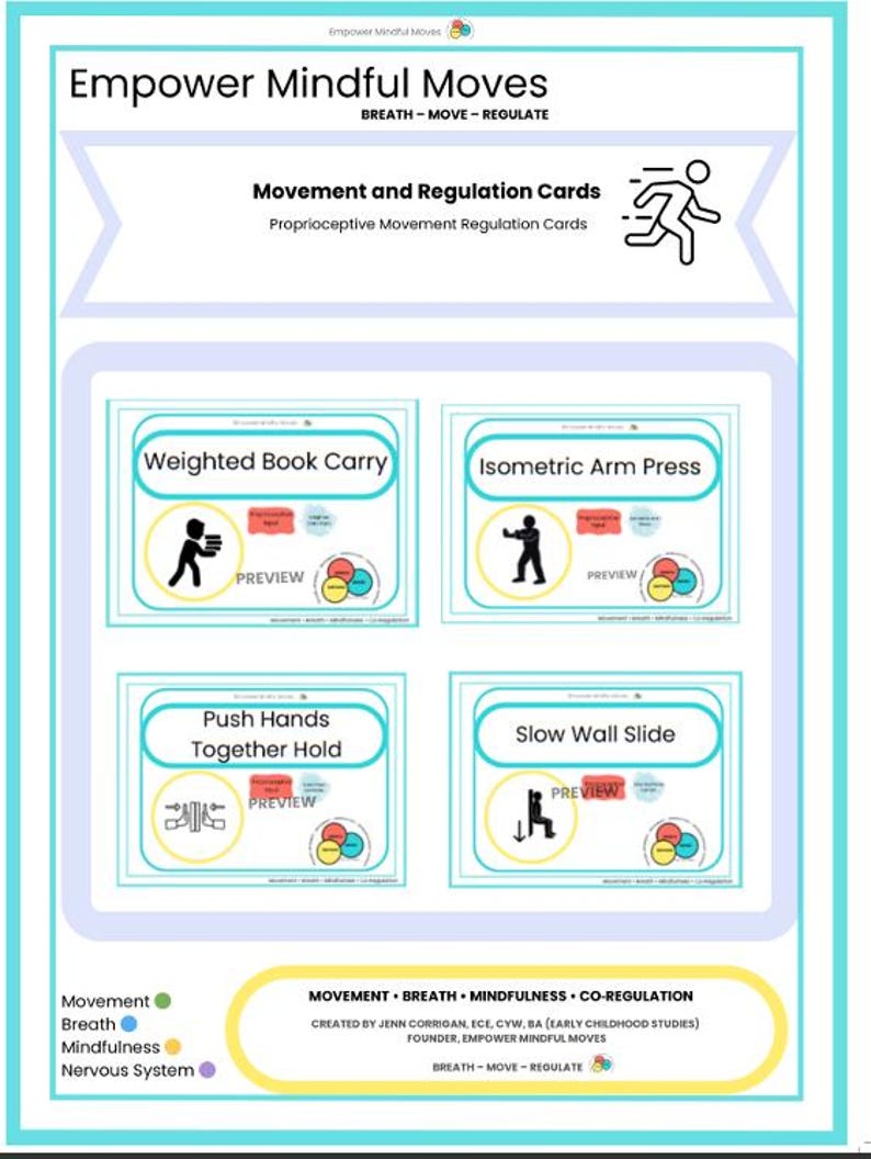 May include: A teal and white card set titled "Empower Mindful Moves" with the text "Movement and Regulation Cards." The cards feature illustrations of exercises like "Weighted Book Carry" and "Isometric Arm Press." The bottom of the card reads "Movement, Breath, Mindfulness, Nervous System."