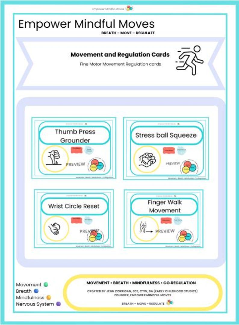 May include: A teal and white poster titled "Empower Mindful Moves" with cards for movement and regulation. The cards include "Thumb Press Grounder," "Stress Ball Squeeze," "Wrist Circle Reset," and "Finger Walk Movement." The poster also includes the text "BREATH - MOVE - REGULATE."
