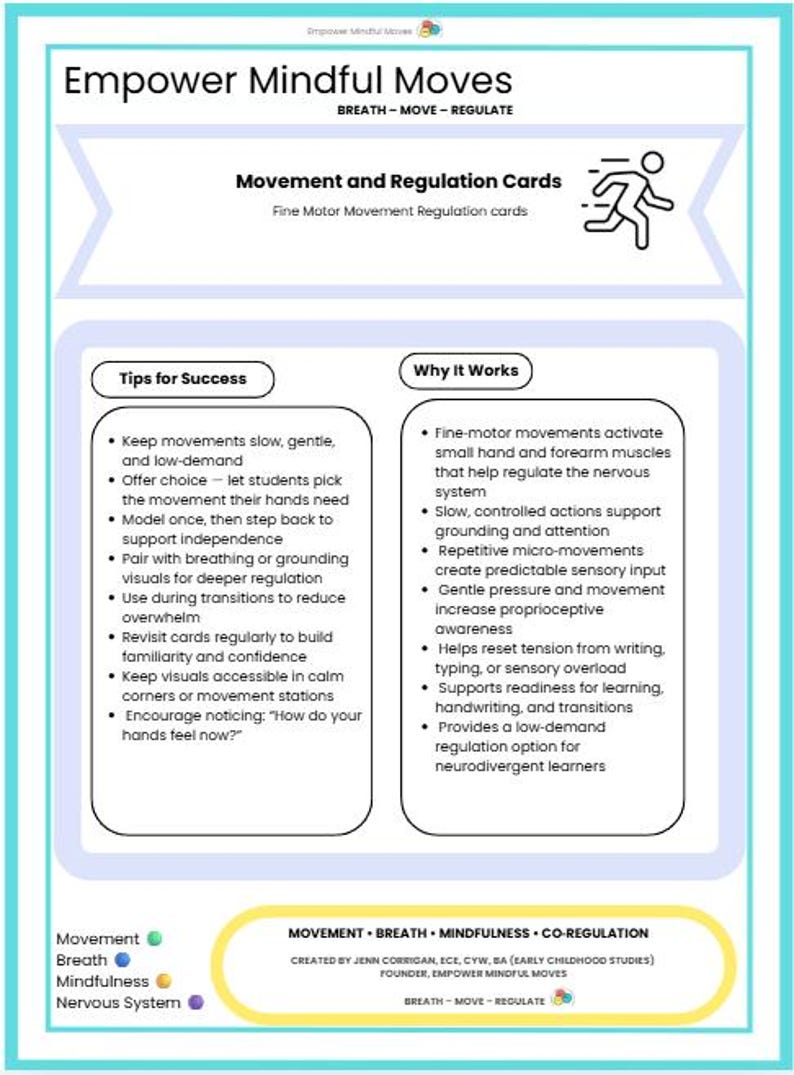 May include: An educational poster in teal and white, titled "Empower Mindful Moves", detailing movement and regulation cards. It features tips for success and the benefits, alongside a diagram of a person walking. The poster is designed for fine motor movement regulation.