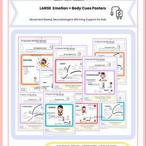 Puede incluir: Una colección de carteles educativos titulada Empower Mindful Moves, que presenta ilustraciones de niños y texto que describe emociones como emocionado, enojado, abrumado y preocupado, con señales corporales y estrategias de autorregulación.