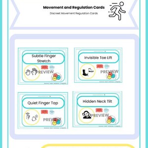May include: A teal and white card promoting "Empower Mindful Moves" and "Movement and Regulation Cards". It displays illustrations of exercises, including "Subtle Finger Stretch" and "Invisible Toe Lift". The card's theme is mindfulness.