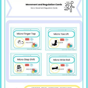 May include: A teal and white card set titled "Empower Mindful Moves" with the text "Breath - Move - Regulate." The cards feature illustrations of movements like finger taps and toe lifts. The cards are designed for movement and regulation.