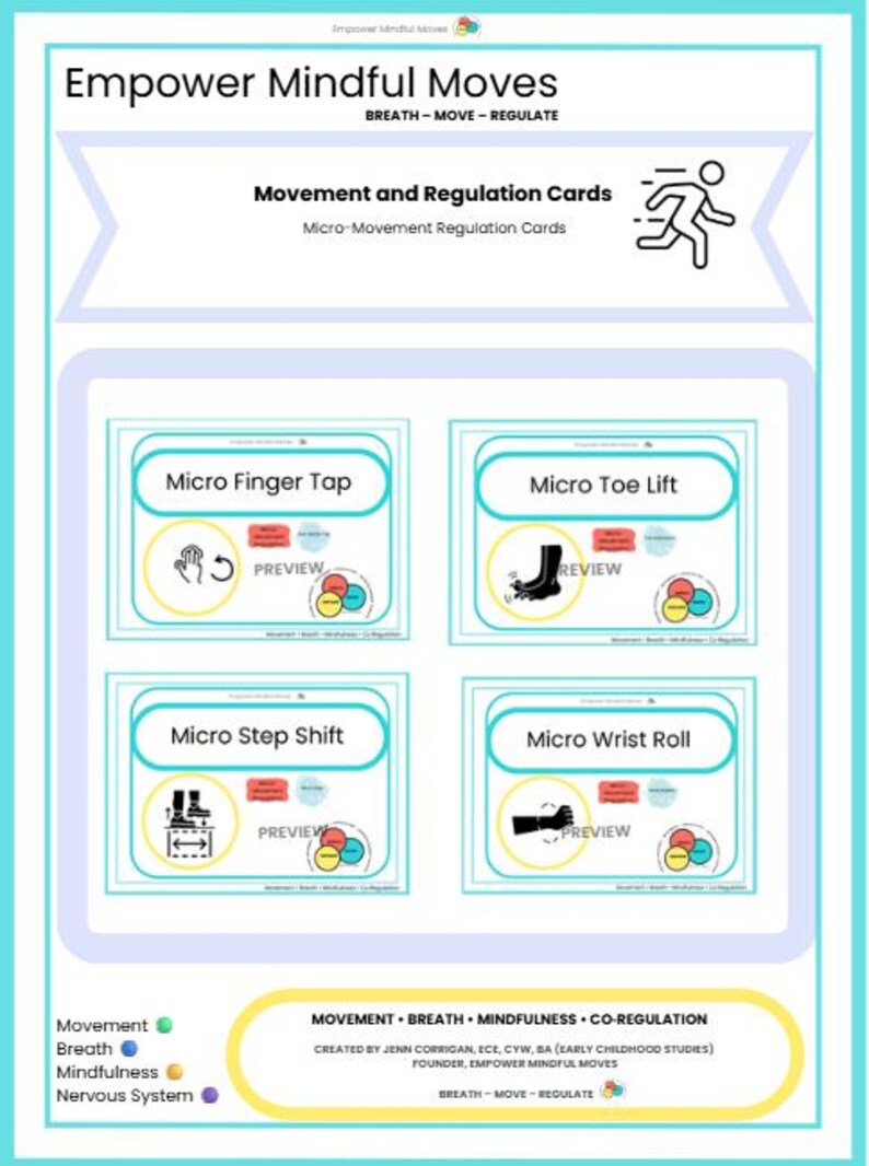 May include: A teal and white card set titled "Empower Mindful Moves" with the text "Breath - Move - Regulate." The cards feature illustrations of movements like finger taps and toe lifts. The cards are designed for movement and regulation.