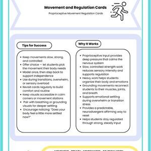 May include: A teal and white infographic titled "Empower Mindful Moves" with text about movement and regulation cards. The infographic includes tips for success and why it works, with a graphic of a person in motion.