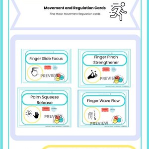 May include: A poster in teal and white, titled "Empower Mindful Moves," with the subtitle "Breath - Move - Regulate." It displays four cards detailing fine motor movement exercises, such as "Finger Slide Focus" and "Finger Pinch Strengthener."
