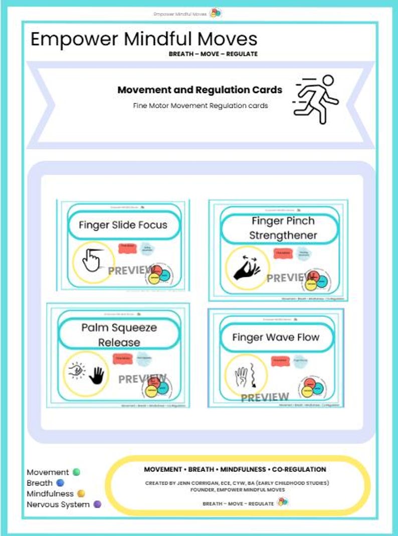 May include: A poster in teal and white, titled "Empower Mindful Moves," with the subtitle "Breath - Move - Regulate." It displays four cards detailing fine motor movement exercises, such as "Finger Slide Focus" and "Finger Pinch Strengthener."