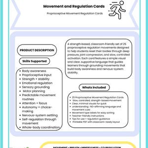 May include: A teal and white educational poster titled "Empower Mindful Moves" with text and graphics. It lists skills supported, product descriptions, and what's included, such as movement regulation cards. The poster is designed for classroom use.
