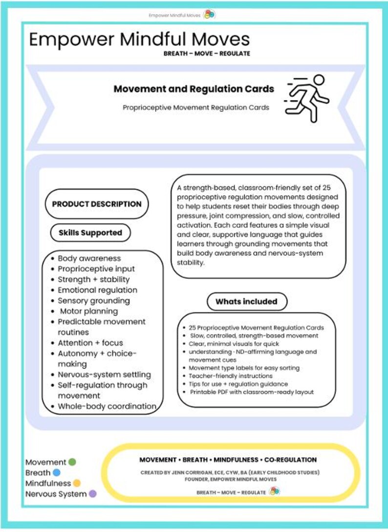 May include: A teal and white educational poster titled "Empower Mindful Moves" with text and graphics. It lists skills supported, product descriptions, and what's included, such as movement regulation cards. The poster is designed for classroom use.