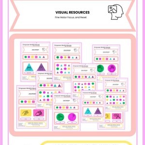 Peut inclure: Une collection de fiches de ressources visuelles Empower Mindful Moves avec des formes géométriques colorées, des icônes de gestes de la main et des étiquettes textuelles. Les documents incluent des en-têtes comme Breath-Move-Regulate et Movement.