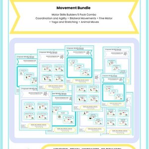 以下が含まれることがあります： 「Empower Mindful Moves」と題された教育資料のバンドル。デザインは、白の背景にターコイズ、黄色、紫のアクセントが特徴です。バンドルには、運動能力、協調性、ヨガ、動物の動きに関するガイドが含まれています。テキストには「Movement Bundle」が含まれています。