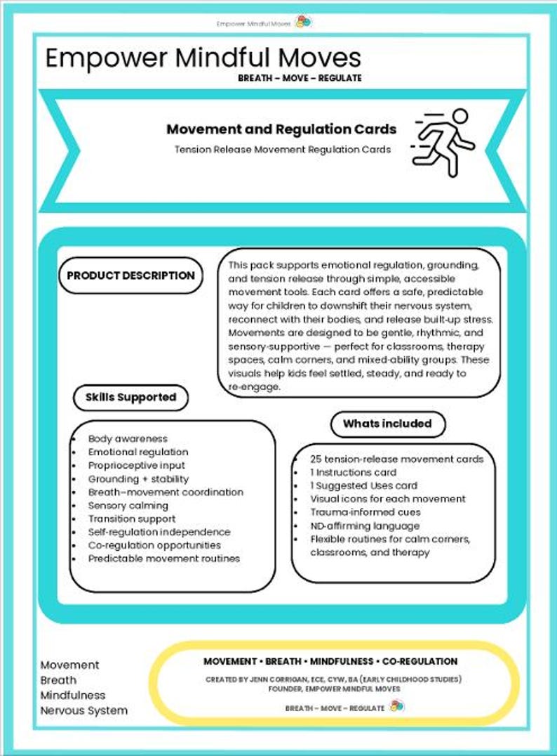 Op de afbeelding: Een turquoise en witte educatieve poster getiteld "Empower Mindful Moves". Het toont bewegings- en regulatiekaarten, ondersteunde vaardigheden en wat er is inbegrepen. Het bevordert emotionele regulatie en sensorische ondersteuning voor kinderen. Afmetingen zijn niet van toepassing.
