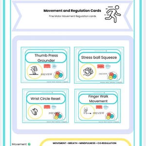 K&ouml;nnte beinhalten: Ein wei&szlig;es und t&uuml;rkisfarbenes Poster mit dem Titel "Empower Mindful Moves" und dem Untertitel "Breath - Move - Regulate". Es zeigt vier Karten mit Bewegungs&uuml;bungen: Thumb Press Grounder, Stress Ball Squeeze, Wrist Circle Reset und Finger Walk Movement. Text und Illustrationen sind enthalten.