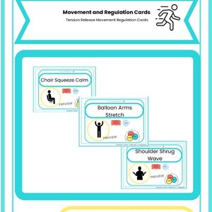Op de afbeelding: Een turquoise en witte afbeelding met de tekst "Empower Mindful Moves" en "Movement and Regulation Cards". Drie kaarten illustreren oefeningen: Chair Squeeze Calm, Balloon Arms Stretch en Shoulder Shrug Wave. De kaarten hebben preview labels.