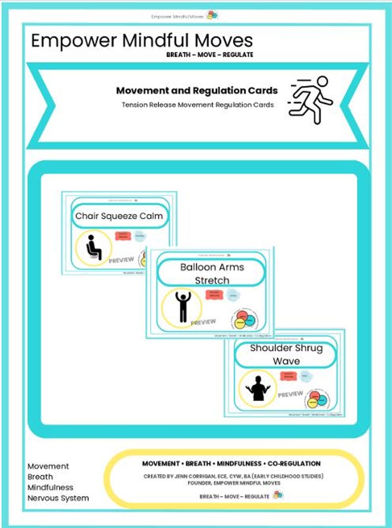 Op de afbeelding: Een turquoise en witte afbeelding met de tekst "Empower Mindful Moves" en "Movement and Regulation Cards". Drie kaarten illustreren oefeningen: Chair Squeeze Calm, Balloon Arms Stretch en Shoulder Shrug Wave. De kaarten hebben preview labels.