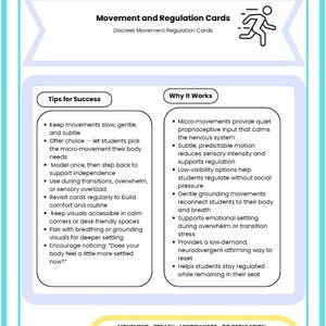 May include: An educational card in teal and white, titled "Empower Mindful Moves", detailing movement and regulation techniques. The card provides tips for success and explains the benefits, focusing on calming the nervous system and supporting regulation.