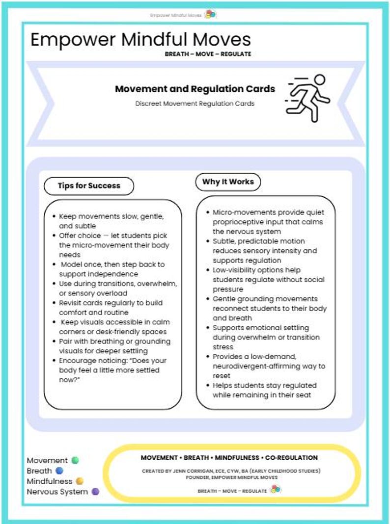 May include: An educational card in teal and white, titled "Empower Mindful Moves", detailing movement and regulation techniques. The card provides tips for success and explains the benefits, focusing on calming the nervous system and supporting regulation.