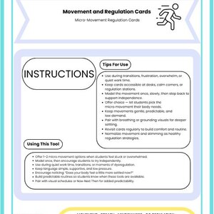 May include: An educational card in teal and white, titled "Empower Mindful Moves", providing instructions for movement and regulation. The card features tips for use and a section on using the tool, with text and bullet points. It's designed to aid transitions and quiet time.