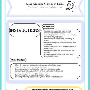 May include: A white and blue card titled "Empower Mindful Moves" with instructions for movement and regulation. The card includes tips for use and how to use the tool, with a graphic of a person walking.
