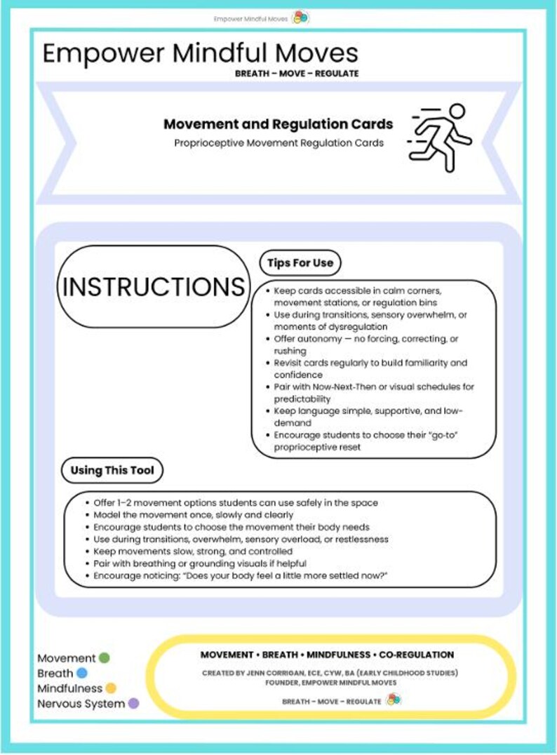 May include: A white and blue card titled "Empower Mindful Moves" with instructions for movement and regulation. The card includes tips for use and how to use the tool, with a graphic of a person walking.
