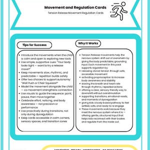 Op de afbeelding: Een turquoise en witte kaart getiteld "Empower Mindful Moves" met informatie over beweging en regulatie. Het bevat tips voor succes en de voordelen van de bewegingen, die ademhaling, beweging en regulatie voor kinderen bevorderen.