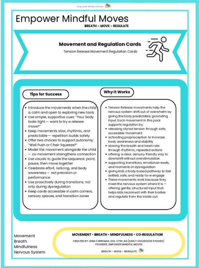 Op de afbeelding: Een turquoise en witte kaart getiteld "Empower Mindful Moves" met informatie over beweging en regulatie. Het bevat tips voor succes en de voordelen van de bewegingen, die ademhaling, beweging en regulatie voor kinderen bevorderen.