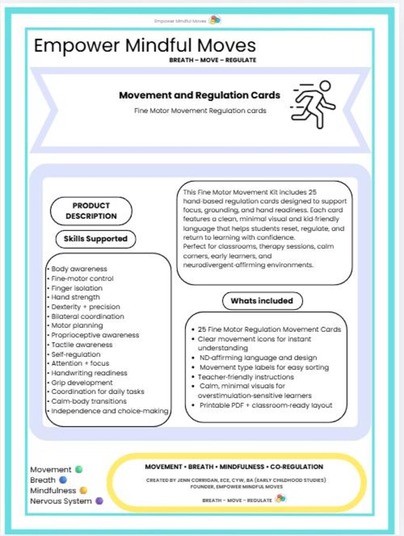 K&ouml;nnte beinhalten: Ein t&uuml;rkis-wei&szlig;es Lehrplakat mit dem Titel &bdquo;Empower Mindful Moves&ldquo;. Es enth&auml;lt Informationen zu Bewegungs- und Regulationskarten, unterst&uuml;tzten F&auml;higkeiten und dem Inhalt des Kits. Das Plakat ist f&uuml;r Klassenzimmer und Therapiesitzungen konzipiert.