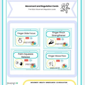 K&ouml;nnte beinhalten: Eine t&uuml;rkis-wei&szlig;e Karte mit dem Text "Empower Mindful Moves" und "Movement and Regulation Cards". Die Karte zeigt vier kleinere Karten mit Handillustrationen und dem Wort "PREVIEW". Der untere Teil der Karte enth&auml;lt Text &uuml;ber Bewegung, Atmung und Achtsamkeit.
