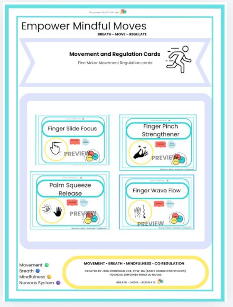 K&ouml;nnte beinhalten: Eine t&uuml;rkis-wei&szlig;e Karte mit dem Text "Empower Mindful Moves" und "Movement and Regulation Cards". Die Karte zeigt vier kleinere Karten mit Handillustrationen und dem Wort "PREVIEW". Der untere Teil der Karte enth&auml;lt Text &uuml;ber Bewegung, Atmung und Achtsamkeit.