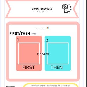 May include: A visual resource titled "Empower Mindful Moves" with the text "First and Then." The image features a pink and blue card design with the words "First" and "Then." The design includes the words "Movement, Breath, Mindfulness, Nervous System."