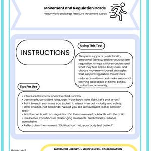 May include: A teal and white educational poster titled "Empower Mindful Moves." It features instructions and tips for movement and regulation cards. The poster includes text about emotional literacy and nervous system regulation.