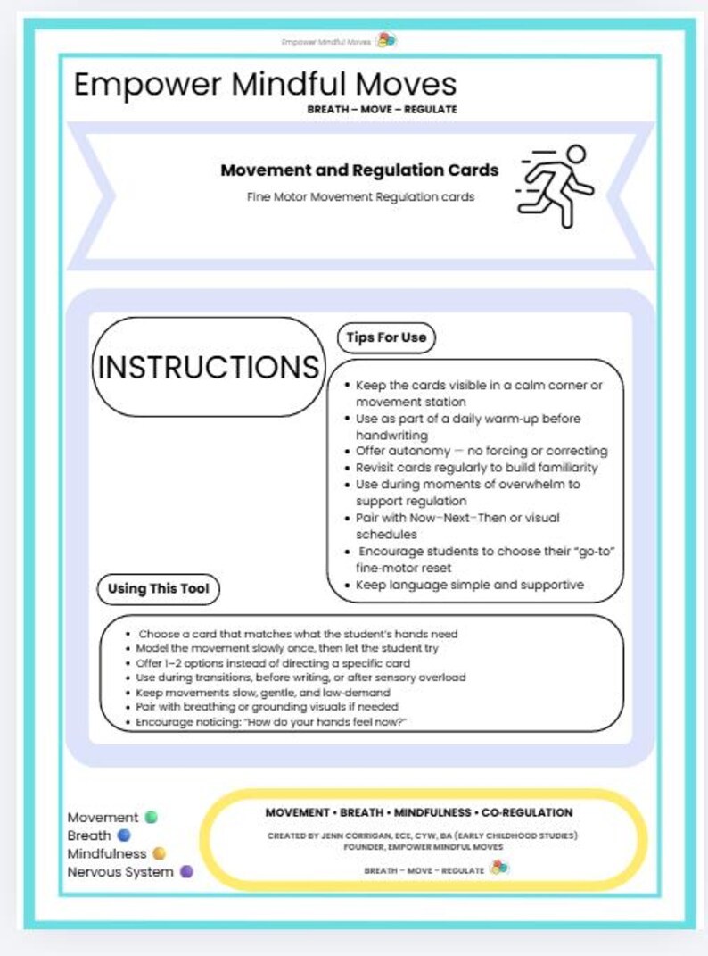 K&ouml;nnte beinhalten: Ein t&uuml;rkisfarbenes und wei&szlig;es Lehrplakat mit dem Titel &bdquo;Empower Mindful Moves&ldquo;, das Bewegungs- und Regulationskarten vorstellt. Das Plakat enth&auml;lt Text, Aufz&auml;hlungszeichen und eine Grafik einer laufenden Person. Es soll die Feinmotorik und die Regulation unterst&uuml;tzen.