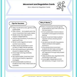May include: An educational card in teal and white, titled "Empower Mindful Moves", detailing movement and regulation techniques. It features tips for success and explanations, with a yellow banner at the base.