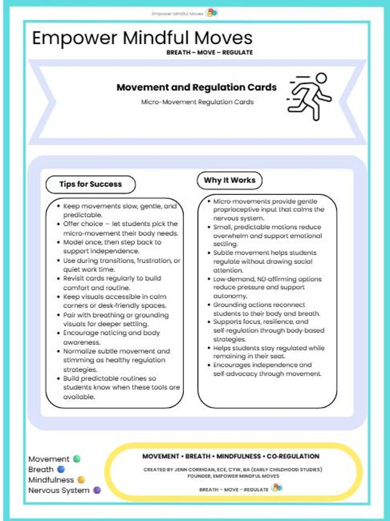 May include: An educational card in teal and white, titled "Empower Mindful Moves", detailing movement and regulation techniques. It features tips for success and explanations, with a yellow banner at the base.
