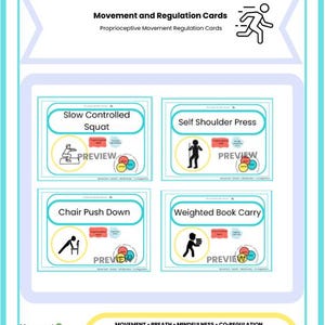 May include: A teal and white poster titled "Empower Mindful Moves" with the tagline "Breath - Move - Regulate." It features four exercise cards: Slow Controlled Squat, Self Shoulder Press, Chair Push Down, and Weighted Book Carry. Each card has a preview button.