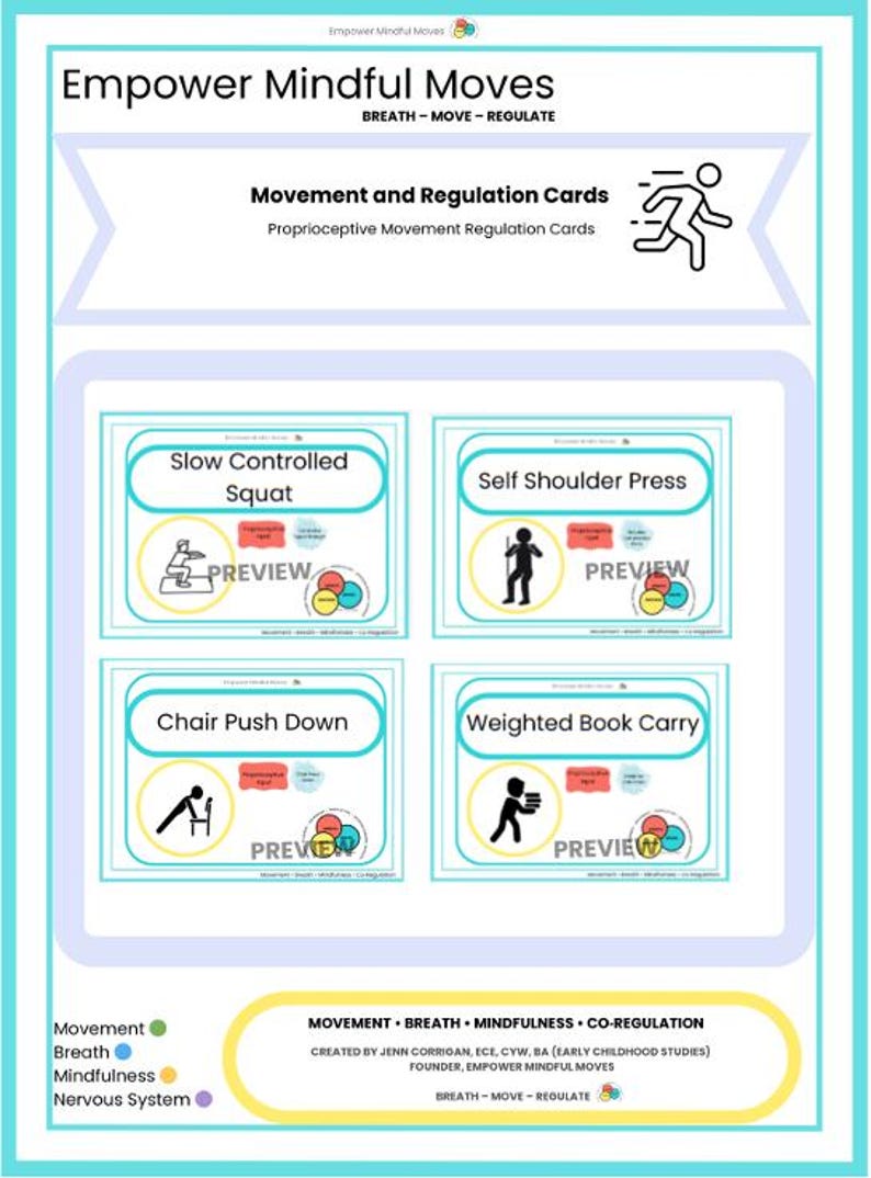 May include: A teal and white poster titled "Empower Mindful Moves" with the tagline "Breath - Move - Regulate." It features four exercise cards: Slow Controlled Squat, Self Shoulder Press, Chair Push Down, and Weighted Book Carry. Each card has a preview button.