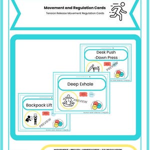 Op de afbeelding: Een turquoise en witte afbeelding met de tekst "Empower Mindful Moves" en "BREATH - MOVE - REGULATE". De afbeelding toont kaarten voor beweging en regulatie, waaronder "Desk Push", "Deep Exhale" en "Backpack Lift".