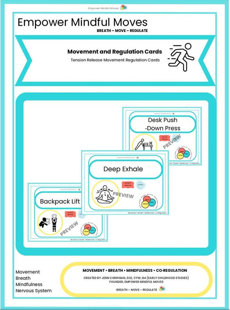 Op de afbeelding: Een turquoise en witte afbeelding met de tekst "Empower Mindful Moves" en "BREATH - MOVE - REGULATE". De afbeelding toont kaarten voor beweging en regulatie, waaronder "Desk Push", "Deep Exhale" en "Backpack Lift".