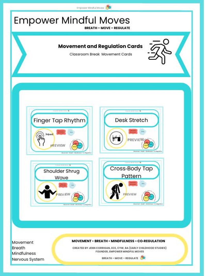 May include: A teal and white poster titled "Empower Mindful Moves" with "Movement and Regulation Cards" and four illustrated cards. The cards include "Finger Tap Rhythm," "Desk Stretch," "Shoulder Shrug Wave," and "Cross-Body Tap Pattern."