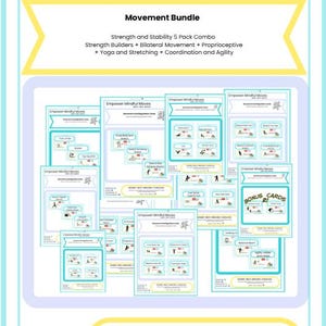 以下が含まれることがあります： 「Empower Mindful Moves」と書かれた、Breath - Move - Regulateというスローガンが入った、水色と白のポスター。運動バンドルとエクササイズカードが特徴で、ヨガ、ストレッチ、コーディネーションのエクササイズが含まれています。下部には、動き、呼吸、マインドフルネスに関するテキストがあります。
