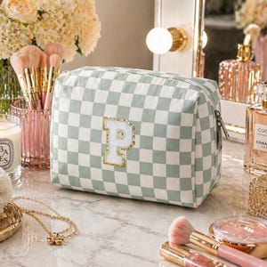 Sage Green Checkered Makeup Bag: Custom Chenille Letter Patch, Preppy Travel Toiletry Pouch, Personalized Cosmetic Organizer Bridesmaid Gift