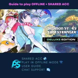 Puede incluir: Imagen promocional de "Digimon Story: Time Stranger Deluxe Edition". La obra de arte presenta personajes de estilo anime en azul claro y rojo, con el título del juego en un lugar destacado. El texto adicional incluye "Guide to play OFFLINE + SHARED ACC" e información de soporte.