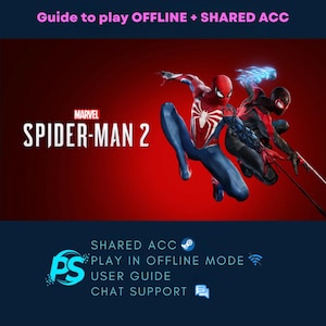 Peut inclure: Image promotionnelle pour le jeu vidéo Marvel's Spider-Man 2. L'image présente Spider-Man et Miles Morales sur un fond rouge. Le texte comprend "Guide to play OFFLINE + SHARED ACC" et des détails sur le jeu. Du texte supplémentaire promeut les fonctionnalités de partage de compte.