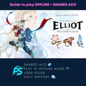 Può includere: Grafica promozionale di gioco digitale per The Adventures of Elliot: The Millennium Tales Digital Deluxe Edition. Presenta un personaggio fantasy con spada e scudo, un grande ritratto, tre piccole icone di accessori e testo relativo all'accesso all'account condiviso e alle istruzioni per il gioco offline.