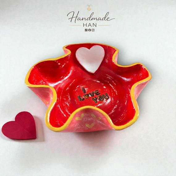 Personalisierte Herz-Schale aus Ton, Muttertag, I Love You, Schmuckschale, Rote Deko-Schüssel