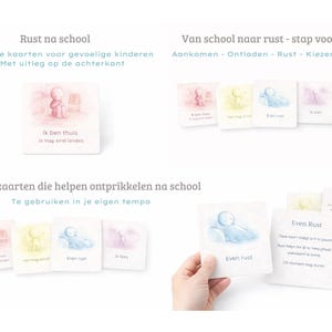 May include: A set of cards with illustrations and text in Dutch, designed to help children. The cards feature soft colors and drawings of a person in various situations, with phrases like "Ik ben thuis" and "Even rust".