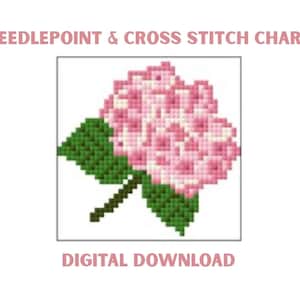 May include: A digital download of a needlepoint and cross stitch chart. The chart features a pink flower with green leaves and stem, rendered in a pixelated style. The text "NEEDLEPOINT & CROSS STITCH CHART" and "DIGITAL DOWNLOAD" are displayed in pink.